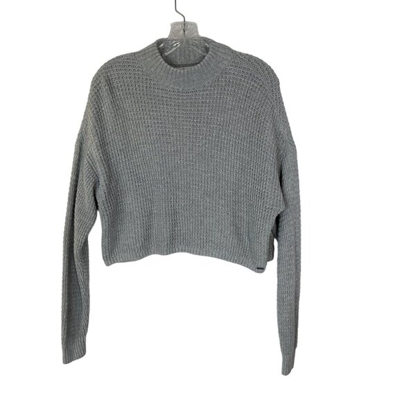 Hollister Oversized Cropped Sweater Womens Small Gray Waffle Knit Mock Neck - Picture 1 of 6